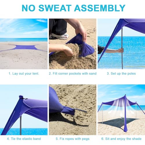 Beach Tent - 10 x 10 FT Beach Canopy, Portable Beach Tent Sun Shelter UPF50 with 4 Sandbags, Anti-Wind Ropes,Ground Pegs, and Stability Poles,Outdoor Beach Shade Canopy for Camping - style: 10*10 FT 4 Pole-Royal Blue