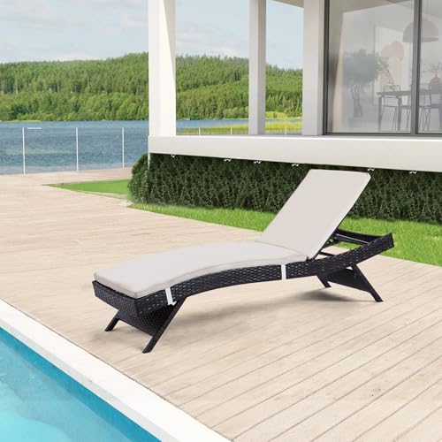 Outdoor Chaise Lounge Chairs Set of 1 with Detachable Cushions, Pool Sunbathing Recliners PE Rattan Patio Loungers Wicker for Outside Porch Backyard Poolside Deck Porch - color: 1 Chair + 1 Cushion