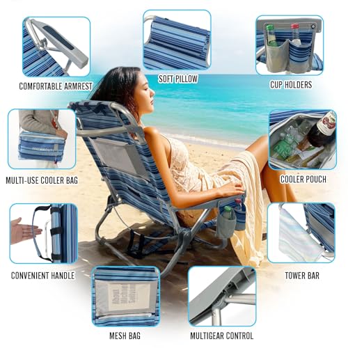 Backpack Beach Chair Aluminum 2 Pack with Folding Camping Table 5-Position Lay Flat Lounge Chair Outdoor for Adults with Insulated Cooler Bag and Cup Holder - color: Navy, size: 2 PACK