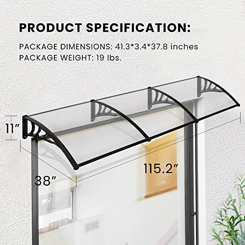 VIVOHOME Polycarbonate Window Door Awning Canopy Transparent with Black Bracket 40 Inch x 120 Inch - color: Transparent, size: 40 Inch X 120 Inch