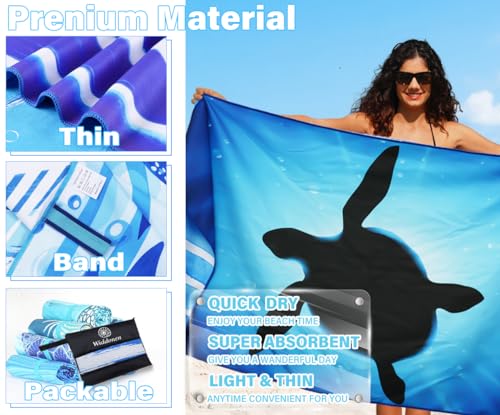 Widdonen Lightweight Thin Microfiber Beach Towel Sand Free Quick Dry Absorbent Compact Soft Pool Swim Travel Towels Extra Large Oversized Beach Accessories Packable Essentials Stuff Gifts for Adult - color: 2 Pack Dark Sea Turtle, size: 32x71 Inch