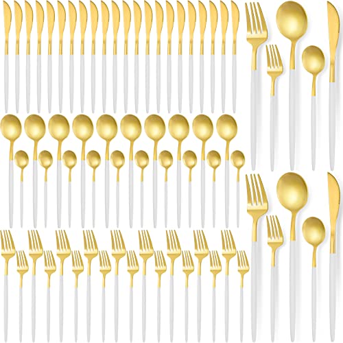 60 Pieces Stainless Steel Tableware Set Silverware Set Flatware Cutlery Utensils Spoon Fork Knives Service for 12 for Home Restaurant Apartment and Kitchens(White Gold) - color: White Gold
