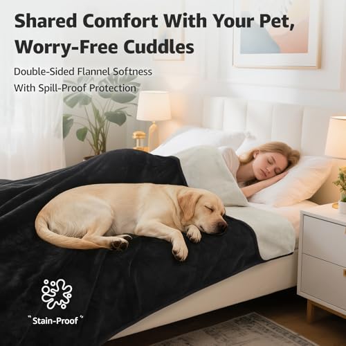 LOOBANI Waterproof Dog Blanket for Couch: Reversible Flannel Bed Blanket for Medium Large Dogs Liquid Proof, Soft Throw Blanket Couch Cover Protector for Sofa, Crate, Travel, 50" x 60", Black & Beige - color: Black+beige, size: 50" x 60"