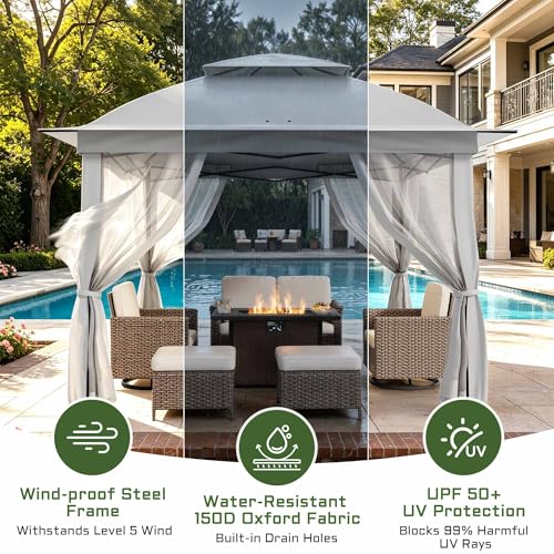 11'X11' Gazebo Pop Up with 4 Sidewalls Mosquito Netting, Heavy Duty Patio Gazebo Canopy Tent with Double Air Roofs for Backyards, Patios, Decks, Gardens, Parks - color: White Top