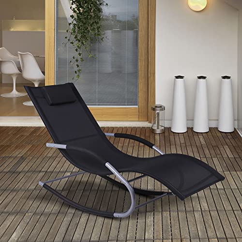 Outsunny Zero Gravity Rocking Chair Outdoor Chaise Lounge Chair Recliner Rocker with Detachable Pillow and Weather-Fighting Fabric for Patio, Deck, Pool, Black - color: Black