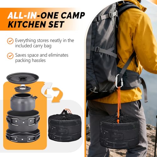 ROVSUN 34/10/6 pcs Camping Cookware Mess Kit, Lightweight Non-Stick Camping Cooking Pot and Pan Set with Stainless Steel Camping Gear Kettle Cup for Open Fire, Backpacking, Outdoor Cooking - style: 10 Pcs