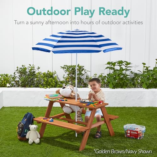 Best Choice Products Wooden Kids Picnic Table with Umbrella, Outdoor Activity Table Set with Built-in Benches, 220 lb Capacity per Bench - Pink - color: Pink
