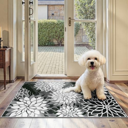 Arenarug 2x3 Washable Small Rug Tropical Botanical Modern Floral Indoor Chenille Door Mat Carpet Non Slip for Patio, Entry Way, Entrance, Porch, Black - color: Black White, size: 2' x 3' (Rectangular)