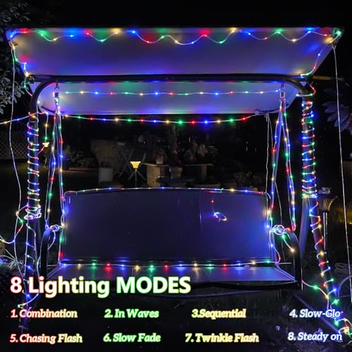 YEGUO Solar Rope Lights Outdoor Waterproof, 66ft 200 LED Multicolor String Lights, 8 Modes Fairy Lights in Clear Thin Tube - color: Multicolor
