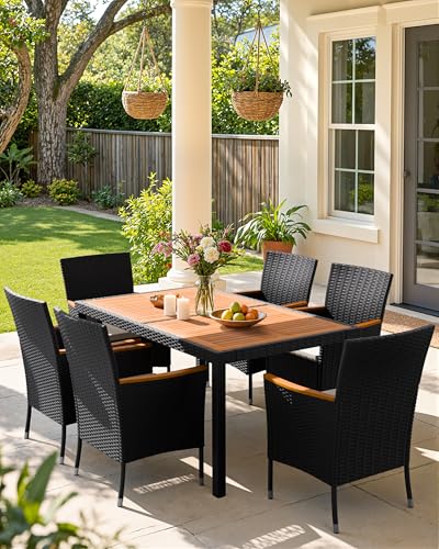 Flamaker 7 Piece Patio Dining Set Outdoor Acacia Wood Table and Chairs with Soft Cushions Wicker Patio Furniture for Deck, Backyard, Garden - color: Black, size: 7 Piece