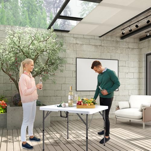 Byliable 34" Square Folding Card Table, Fold-in-Half Utility Dining Portable Table Heavy Duty HDPE White Plastic Foldable with Carrying Handle Indoor Outdoor for Picnic, Camping, Party - color: White