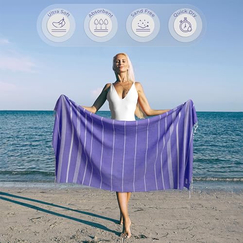 Ossano Turkish Beach Towel Compact & Soft Extra Large (39" x 71") - Quick Dry, Versatile and Functional as Yoga Mat, Picnic Blanket/Travel Blanket, Bath, Shower and Pool Towel - Purple - color: Purple