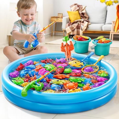 JUKUDAHU Magnet Fishing Toys Game for Kids 3-5 - Floating Fish Toys with Inflatable Kiddie Pool, Bath for Toddlers, Pole Rod Net, Outdoor Party for Boys Girls Kids Age 3 4 5 6 7 8 Year Old - style: 60 PCS Fishing and Round Pool with 2 Pails