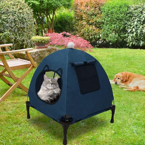 Pozico Elevated Pet Bed with Breathable Mesh for Small Cat and Dog, Raised Cooling Pet Cot for Puppy and Kitty, 18.9x18.9 inch (Navy Blue Bed with Canopy) - color: Navy Blue Bed with Canopy