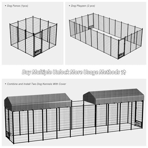 Large Outside Dog Kennel, Outdoor Dog Run Enclosure 8'x4'x6'（Including the roof） Dog Pen House with Roof Cover Heavy Duty Welded Wire Steel Dog Playpen Animal Fence with Feeding Door