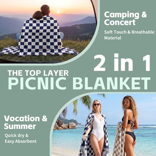 2 in 1 Extra Large Boho Beach Blanket Towel Giant Woven Outdoor Picnic Mat Camping Gear Cruise Essential 2025 Summer Vacation Must Have Airplane Travel Accessories Costa Rica Bahamas Hawaii Trip Stuff - color: Checkered Blue