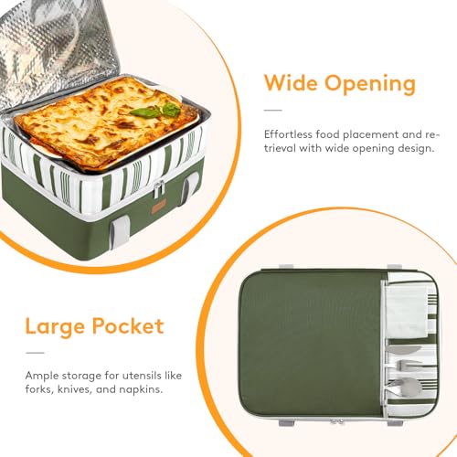 LUNCIA Insulated Double Decker Casserole Carrier, Lasagna Lugger Tote Keeps Food Hot or Cold, Thermal Lunch Bag for Potluck Parties, Picnic and Cookouts, Fits 9" x 13" Baking Dish, Dark Green - color: Dark Green, size: 15.7 X 11.4 X 8.3inch