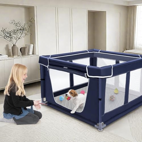 42 × 42 inch Dog Playpen with Pee Pad, Soft Puppy Playpen, 25 Height Pet Playpen for Small Dogs and Small Animals, Dog Fence Indoor, Play Yard with Zipper Door - style: 42inch Dog Playpen with Top and Pee Pad