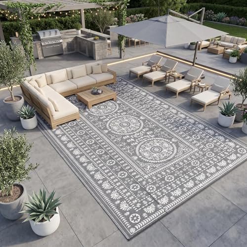 Garvee Reversible Outdoor Rug 9x18 for Patio, Waterproof Outdoor Area Rug, Modern Medallion Indoor Outdoor Rugs, Plastic Straw Rug for RV, Camping, Deck, Vintage Grey - color: Grey & White, size: 9' x 18' (Rectangular)