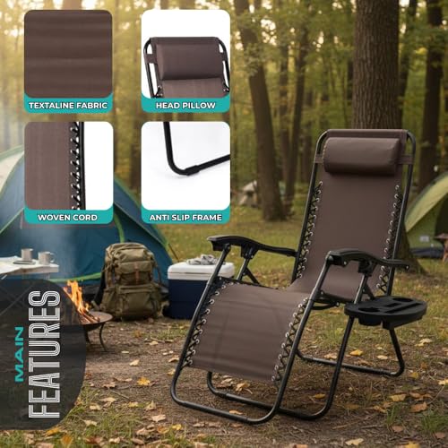 Zero Gravity Lounge Chair Adjustable Outdoor Reclining Chair Folding Patio Anti-Gravity Indoor Outdoor Lounge Chair w/Pillow, Cup Holder (Two Chairs - Brown) - color: Two Chairs - Brown