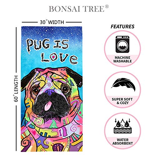 Bonsai Tree Pug Beach Towel, Cute Puppy Dog Themed Microfiber Bath Towel Gifts for Pug Lovers, Funny Abstract Trippy Sand Free Quick Dry Travel Towels for Kids Yoga Sports 30" x 60" - color: Pug 1, size: 30"x60"