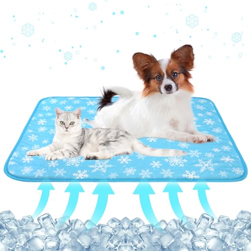 DELIFUR Dog Cooling Mat - Pet Cooling Mat Outdoor for Dogs Self Cooling Pad for Puppy Small Medium Dog Machine Washable (Large, Blue Snowflake) - color: Blue Snowflake, size: L: 38.5" x 27.5"