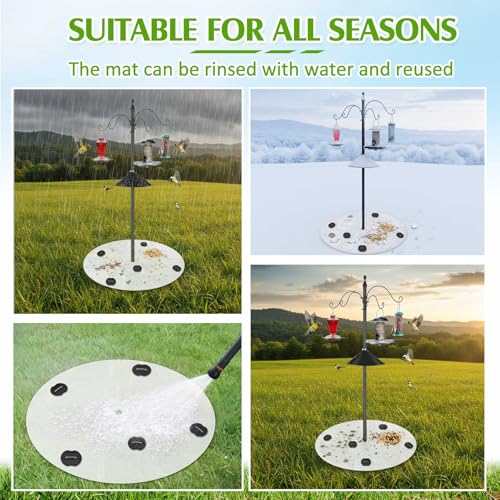 Tinideya 4 Pcs PVC Shepherd's Hook Bird Droppings Mat 47.24" Round Bird Feeder Mat with 8 Ground Spikes Intercepts Birds Droppings Spilled Feed for Protect Lawns Garden