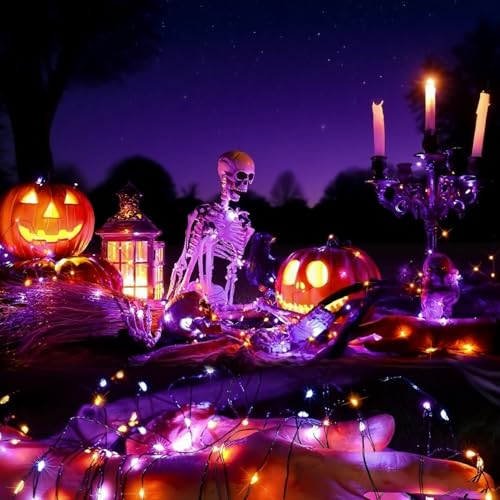 YEGUO Orange and Purple Halloween Lights Outdoor Waterproof, 4 Packs Each 33ft 100 LED Solar Fairy Light,8 Modes Black Wire String Lights - color: Orange and Purple