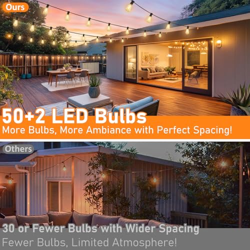 100FT Outdoor Solar String Lights with Remote, USB Rechargeable LED Patio Lights with 52 Timer Dimmable ST38 Edison Bulbs, Enhanced 5W Solar Panel Outside Hanging Lights for Porch Garden Deck Backyard - size: 100FT