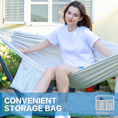 PNAEUT Double Hammocks with Stand for Outside, Portable Space Saving Heavy-Duty Steel Stand for Indoor Outdoor Patio with Carrying Bag, 450 lbs Capacity (Beige) - color: Beige