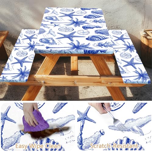 Picnic Table Cover with Bench Covers Elastic Edges, Outdoor Patio Camping Essentials 72 Inch 3PCS, Waterproof Camping Fitted Tablecloth with Handbags (Vintage ocean theme) - color: Ocean Elements, White