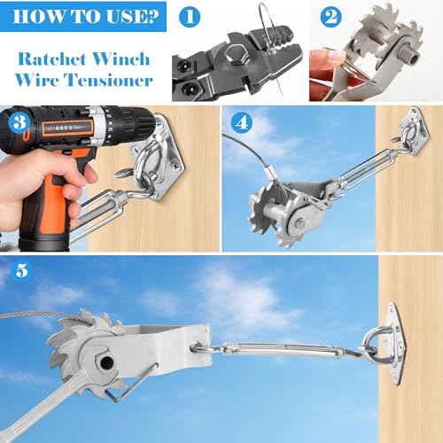 Sunshade Hardware Kit with Ratchet Winch Wire Cable for Triangle Rectangle Sun Shade Canopy Installation, 304 Stainless Steel Shade Awning Kit for Outdoor,Garden,Kitchen,Patio Lawn - size: Hardware Kit with Ratchet Winch