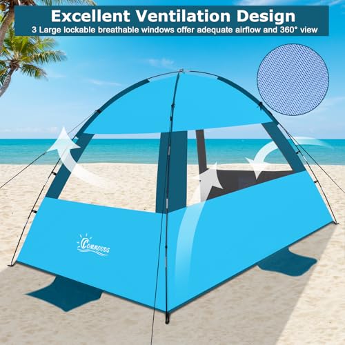 COMMOUDS Beach Tent Sun Shade for 3/4/6/8 Person, UPF 50+ Beach Sun Shelter Canopy Tent, Lightweight, Easy Set Up and Carry - color: Sky Blue with Dark Shelter, size: 3 Person
