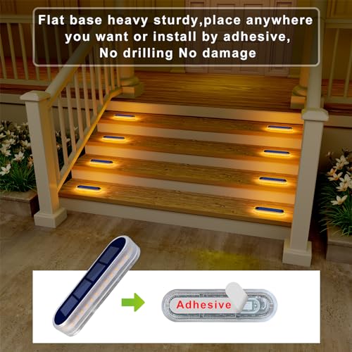 DetarZinLED Solar Step Lights Outdoor Waterproof LED, 4 Pack Warm White Flat Solar Powered Deck Lights for Outside, Stick on Light Bar for Stair, Dock, Patio, Garden, Path, Walkway, Driveway, Porch - size: 4pcs Warm White Bar