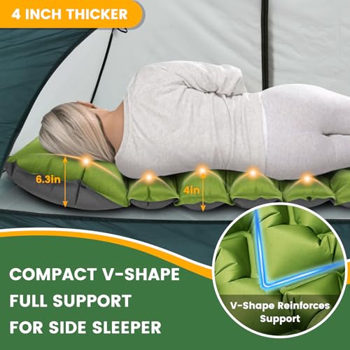 Ultralight Camping Sleeping Pad with Built-in Pillow & Foot Pump, Compact Inflatable Air Mattress for Backpacking, Hiking, Tent, Travel Camp & Outdoor Adventures - color: Green+grey