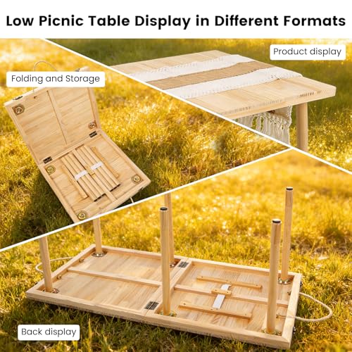 44" x 22" Boho Low Picnic Table, Portable Beach Table with Tablecloth and Adjustable Legs, Solid Wood Foldable, Indoor Outdoor for Beach Camping BBQ Wedding Party Family Gatherings