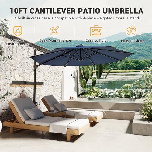 10ft Cantilever Patio Umbrella with Base - 360° Rotation & Adjustable Tilt - Heavy-Duty Waterproof Canopy - Rust-Resistant Aluminum Frame - Windproof Offset Sun Shade for Garden, Deck, Pool, or Backyard - Grey or Beige - color: Navy Blue