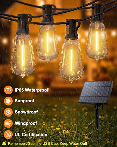 54FT Outdoor Solar String Lights, Patio Lights Solar Powered with Remote & USB Port, 24+1 ST38 LED Shatterproof Bulbs, Dimmable Solar String Light Waterproof for Camping, Backyard, Garden - size: 54FT (24Bulbs)