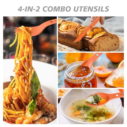 Reusable 4-in-2 Combo Camping Utensil Set, 4 Sets Spoon-Fork-Knife Travel Utensils, Portable Plastic Cutlery Backpacking Gear for Lunch Hiking Outdoor Survival (Green, Orange, Blue, Grey)