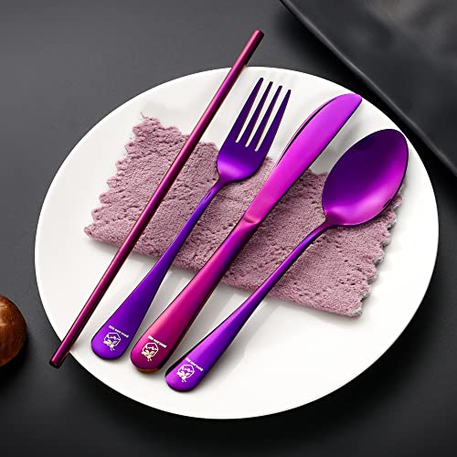 Boulder Bee | Travel Utensils Set | Reusable Camping Cutlery Set | Stainless Steel Flatware Set | Portable Silverware Set with Case | Includes Knife/Fork/Spoon/Straw/Cleaning Cloth/Case (Purple) - color: Purple