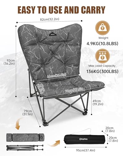 KingCamp Folding Comfy Butterfly Chair Oversized Padded Camping Chairs for Adults Comfortable Camp Chair 300lbs Heavy Duty with High Back for Outdoor Lawn Patio Bedroom Living Room Dorm - color: Deluxe Lava Gray