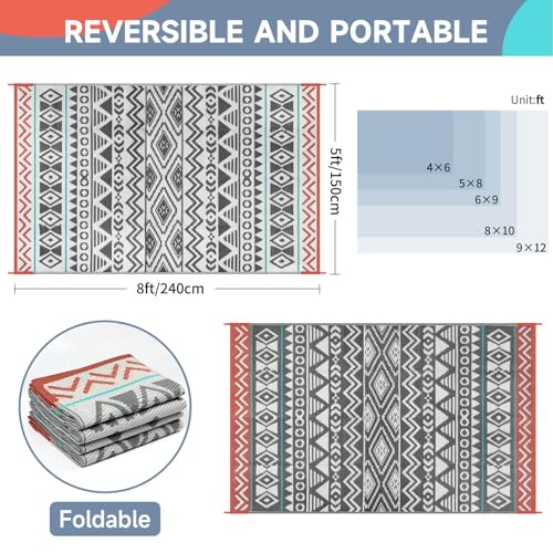 Outdoor Rugs Patio Camping Waterproof - 5x8 Plastic Straw Patio Rug Portable for Campers, Outside RVs Mat, Outdoor Area Carpet for Patios Clearance, Backyard Porch, Balcony, Picnic - color: Green Grey, size: 5' x 8' (Rectangular)