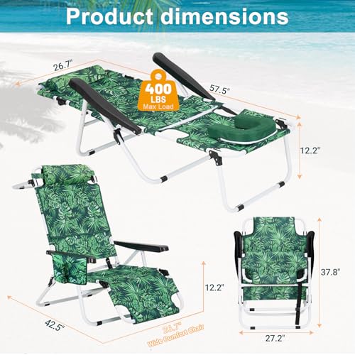 ABORON Tanning Chair with Face Hole, 5-Position Adjustable Reclining Beach Lounge Chair, Folding Face Down Sun Lounger for Beach, Poolside, Patio, Lawn, Home - color: Green