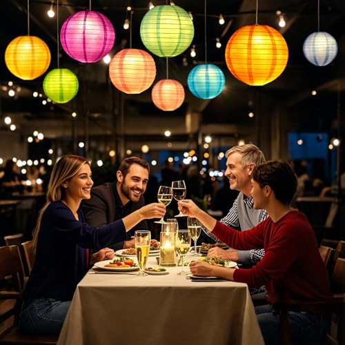 LIHAO 20PCS Colorful Paper Lanterns with Lights, Hanging Chinese Paper Lanterns for Party Decorations Weddings Birthday New Year Outdoor Home Indoor (8 inches) - size: 8 Inches