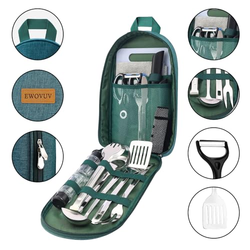 Camping Cooking Utensils Set- Camping Essentials Cookware Accessories Gear Must Haves Camper Tent Camp Kitchen Rv Gadgets Outdoor Stove Portable Picnic Gifts for Women BBQ Stuff - color: Green