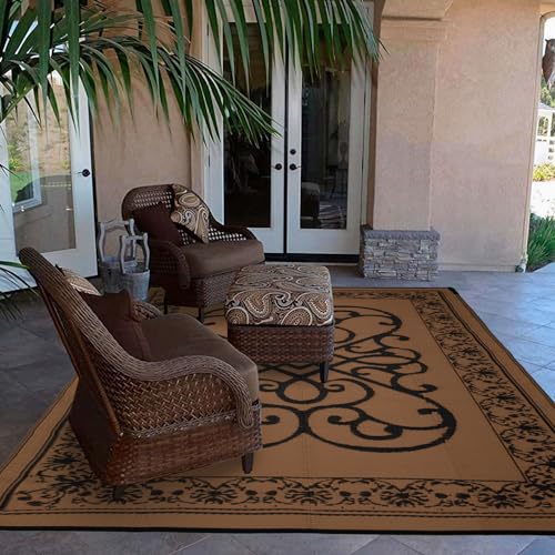 Outdoor Rug 6 x 9 ft, Reversible Plastic Straw Rug for Patio, Waterproof Large Outdoor Carpet for RV, Patio, Camping, Backyard, Deck, Picnic, Beach - color: Pattern Black/Brown, size: 6'x9'