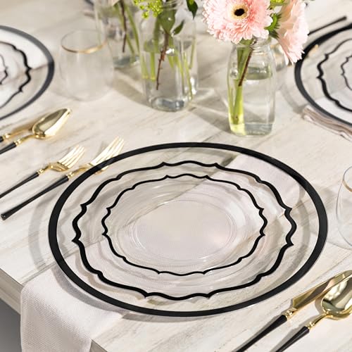 PLASTICPRO 32 Pack Elegant Disposable Plastic Plates Combo Set Includes 16 Dinner Plates and 16 Salad Plates Heavy Duty Fancy Party Plates Clear & Black Contemporary Design - color: Clear & Black Contemporary