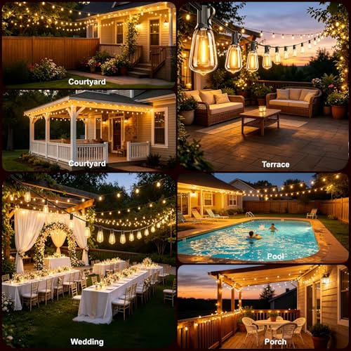 100FT Remote Outdoor String Lights for Outside, 50+2 LED Waterproof Shatterproof Edison Dimmable Timer Bulbs, 2500K Warm White Patio Lights for Garden Backyard Yard Hanging Lighting - size: 100FT