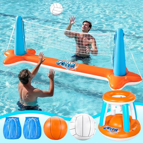 JOYIN Pool Toys Games Set-Inflatable Pool Float Set Volleyball Net & Basketball Hoops, 2 in1 Floating Swimming Game Toy, Volleyball Swimming Pool Game for Kids and Adults, Backyard Beach Summer Toys - color: Orange, size: Large