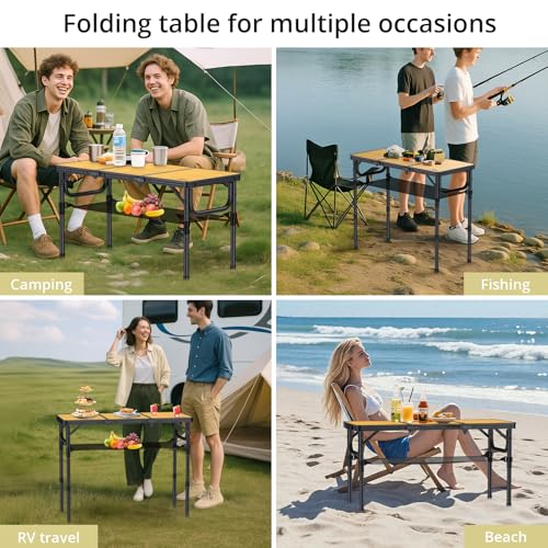 Anbte 3ft Camping Table Foldable with Storage Net and Bag, 3 Adjustable Heights High 27.5" Aluminum Camping Table Portable, for Outdoor Indoor Backyard BBQ Cooking Party Picnic Beach, Light Oak Grain - color: Light Oak Grain